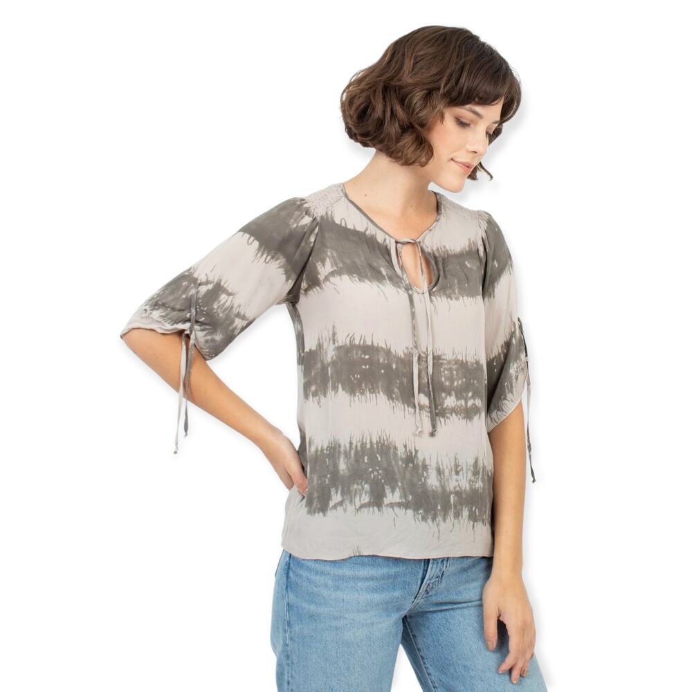 Parker | XS | Putty and Olive 100% Silk Tie Dye Short Sleeve Keyhole Top Blouse